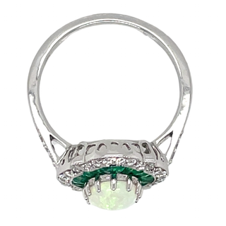 18ct White Gold Earth Grown Opal, Emerald And Diamond Ring