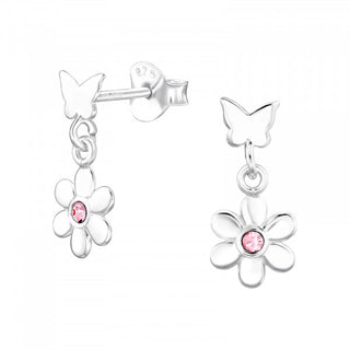 Childrens Sterling Silver Butterfly And Flower Drop Earrings