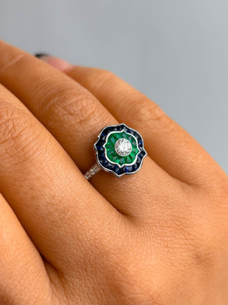 18ct White Gold Earth Grown Diamond, Sapphire And Emerald Ring