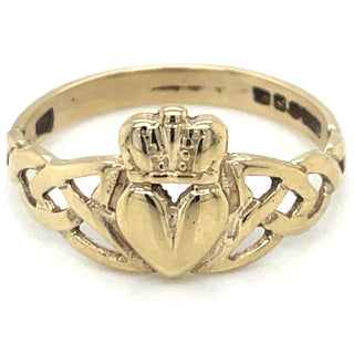 Vintage 9ct Yellow Gold Claddagh Ring With Celtic Design