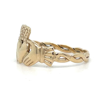 Vintage 9ct Yellow Gold Claddagh Ring With Entwined Band