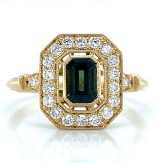18ct Yellow Gold Emerald Cut Green Sapphire & Diamond Vintage style Ring