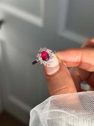 9ct White Gold Earth Grown Oval Ruby & Diamond Cluster Ring