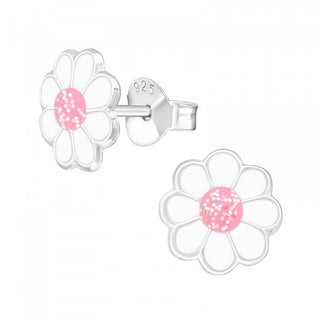 Children's Silver Flower Earrings with White and Light Pink Glitter
