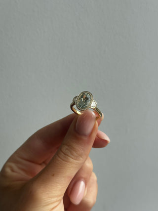 9ct Yellow Gold Laboratory Grown 2.48ct Oval Green Amethyst And Diamond Halo Ring