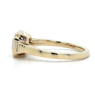 9ct Yellow Gold Earth Grown Horizontal Emerald Cut Rhodolite Garnet And Diamond Ring