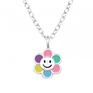 Children's Sterling Silver Multi Coloured Flower Necklace with Smiley Face
