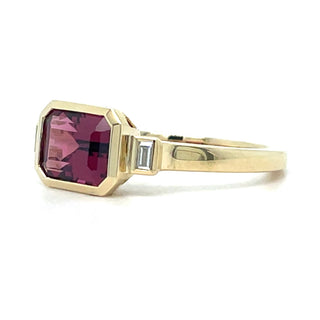 9ct Yellow Gold Earth Grown Horizontal Emerald Cut Rhodolite Garnet And Diamond Ring