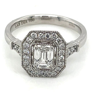 Ada - 18ct White Gold Laboratory Grown 1.01ct Emerald Cut Diamond Halo Ring