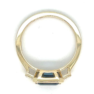 9ct Yellow Gold Earth Grown Horizontal Emerald Cut Blue Topaz And Diamond Ring