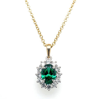 9ct Gold Two Tone Lady Di Style Emerald And Cz Halo Necklace