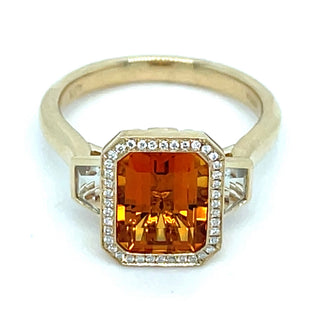 9ct Yellow Gold Earth Grown 2.77ct Emerald Cut Citrine Halo Ring With Green Amethyst Side Stones