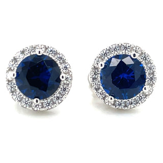 Sterling Silver Sapphire And Cz Halo Stud Earrings