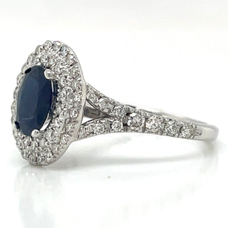 9ct White Gold Earth Grown 1ct Oval Sapphire With Double Diamond Halo Ring