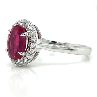 14ct White Gold Laboratory Grown 1.40ct Ruby And 0.15ct Diamond Halo Ring