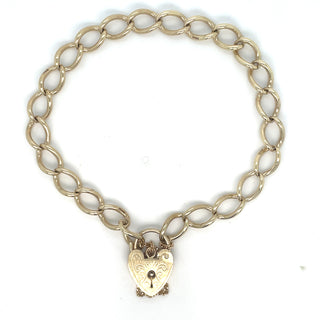 Vintage 9ct Yellow Gold Solid Link Gate Bracelet With Heart Lock And Safety Chain