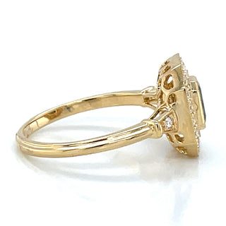 18ct Yellow Gold Emerald Cut Green Sapphire & Diamond Vintage style Ring