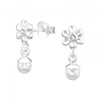 Childrens Sterling Silver Flower And Pearl Drop Earrings