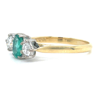 Vintage 18ct Yellow Gold Emerald And Diamond Three Stone Ring