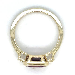 9ct Yellow Gold Earth Grown Horizontal Emerald Cut Rhodolite Garnet And Diamond Ring