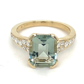 9ct Yellow Gold Earth Grown Emerald Cut Green Amethyst Ring With Diamond Set Shoulders