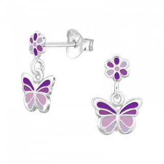 Childrens Sterling Silver Purple Flower And Butterfly Earrings