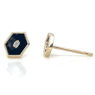 9ct Yellow Gold Black Enamel Stud Earrings With Cz And Millgrain Edge Detail