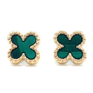 9ct Yellow Gold Malachite Clover Stud Earrings With Beaded Edge