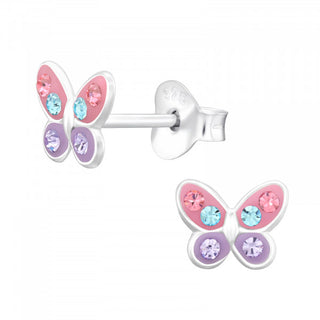 Children's Sterling Silver Pink And Purple Butterfly Earrings With Crystals
