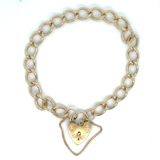 Vintage 9ct Yellow Gold Solid Link Gate Bracelet With Heart Lock And Safety Chain