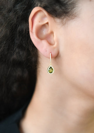 Golden Stone Set Hoop With Green Pear Drop Cz Halo Earrings