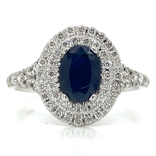 9ct White Gold Earth Grown 1ct Oval Sapphire With Double Diamond Halo Ring