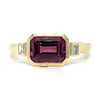 9ct Yellow Gold Earth Grown Horizontal Emerald Cut Rhodolite Garnet And Diamond Ring