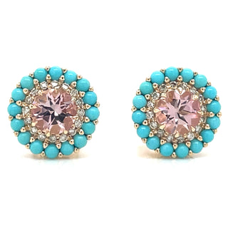 14ct Yellow Gold Earth Grown Pink Tourmaline, Turquoise and Diamond Round Stud Earrings