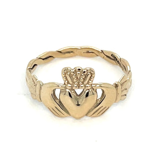 Vintage 9ct Yellow Gold Claddagh Ring With Entwined Band