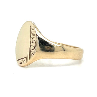 Vintage 9ct Yellow Gold Oval Signet Ring With Engraved Detail