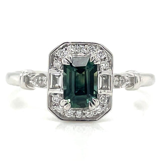 9ct White Gold Earth Grown Emerald Cut 0.60ct Green Tourmaline with White Sapphire & Diamond Vintage Style Ring