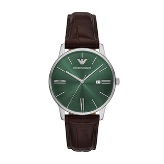 Emporio Armani Gents Minimalist Green Dial & Brown Leather Strap Watch