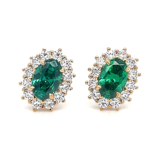 9ct Yellow Gold Lady Di Emerald And Cz Cluster Stud Earrings