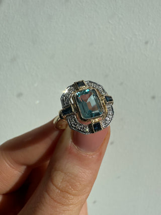 Vintage 9ct Yellow Gold Earth Grown Deco Blue Topaz, Sapphire and Diamond Ring