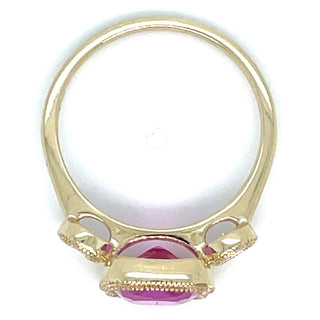 Vintage 9ct Yellow Gold Pink Quartz And Diamond Three Stone Ring With Millgrain Detail