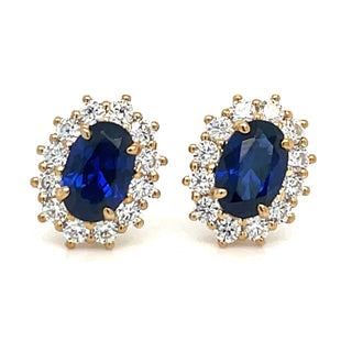 9ct Yellow Gold Lady Di Sapphire And Cz Cluster Stud Earrings