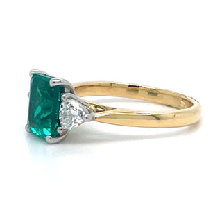18ct Yellow Gold Laboratory Grown 1.87ct Emerald Ring With 0.48ct Side Trillion Diamonds