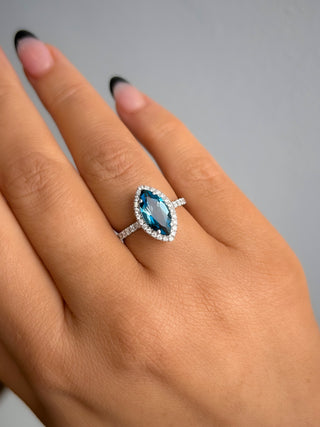 18ct White Gold 1.67ct Earth Grown Marquis London Blue Topaz & Diamond Ring