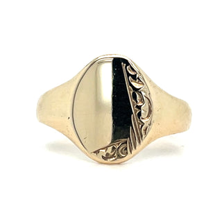 Vintage 9ct Yellow Gold Oval Signet Ring With Engraved Detail