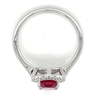 14ct White Gold Laboratory Grown 1.40ct Ruby And 0.15ct Diamond Halo Ring