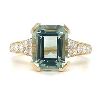 9ct Yellow Gold Earth Grown Emerald Cut Green Amethyst Ring With Diamond Set Shoulders