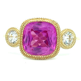 Vintage 9ct Yellow Gold Pink Quartz And Diamond Three Stone Ring With Millgrain Detail
