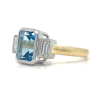 9ct Yellow Gold Laboratory Grown 4.29ct Emerald Cut Topaz And 0.44ct Side Baguette Diamond Ring