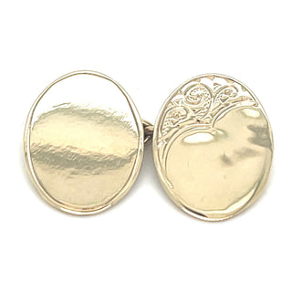 Vintage 9ct Yellow Gold Half Engraved Oval Cufflinks